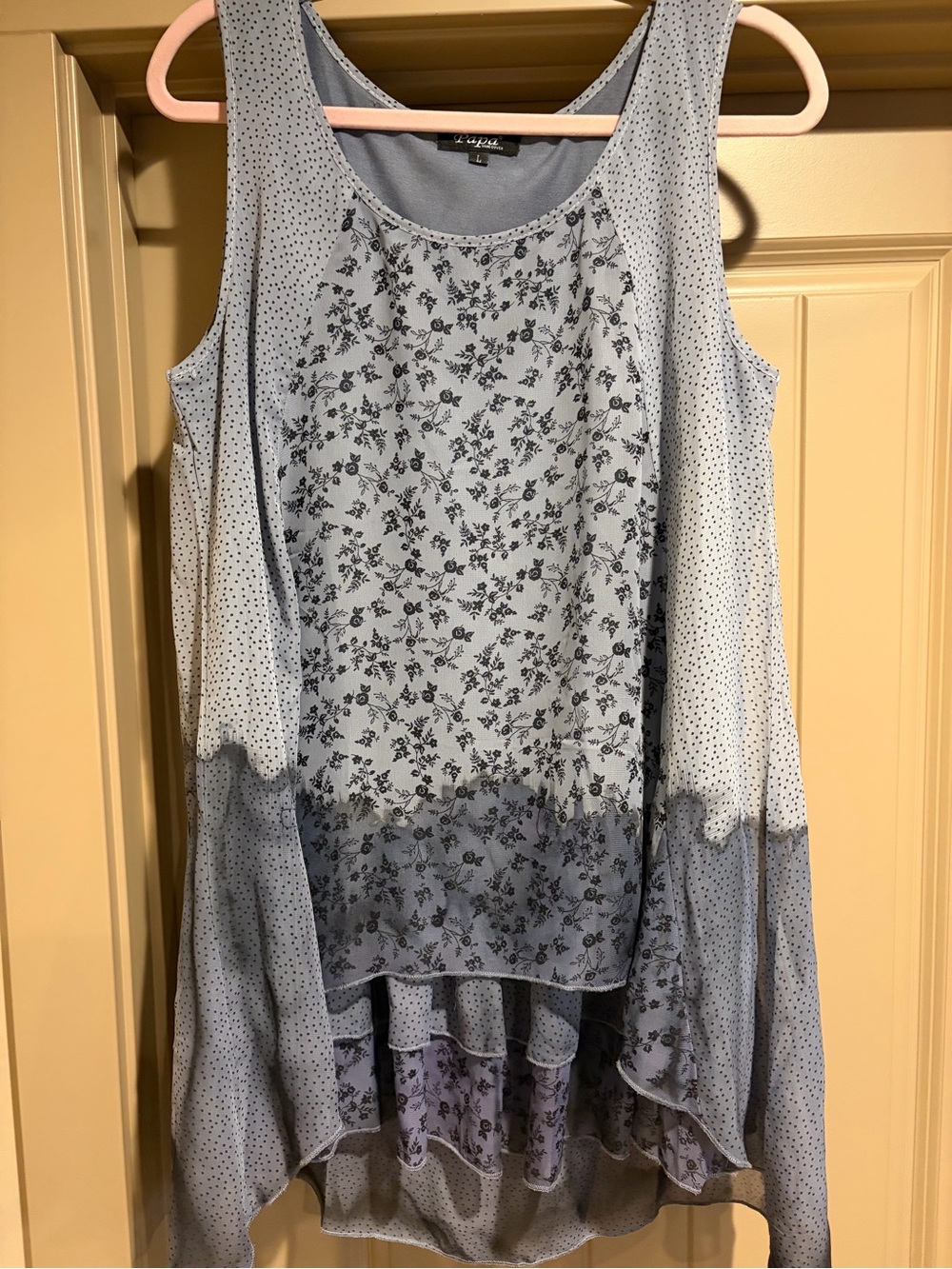 Papa Vancouver Artsy Floral Polka Dot Ruffle High Low Tunic Top Size Large